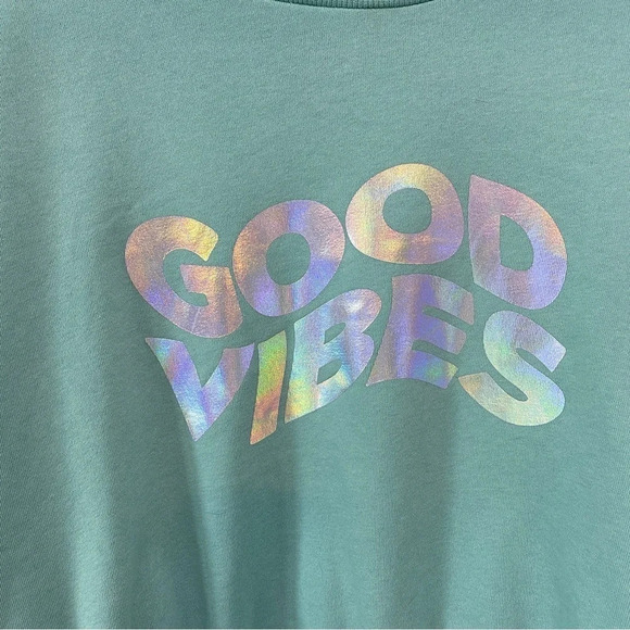 Good Vibes Psychedelic Mint Green Batwing Fleece Cropped Sweatshirt Size M - Picture 3 of 15